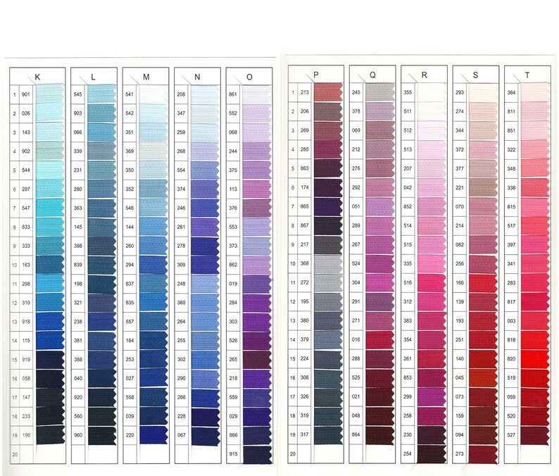 May include: A color chart with 20 rows and 10 columns of thread samples. The thread colors range from light blue to dark blue, purple, pink, and red. Each thread sample is labeled with a number.
