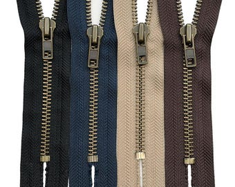 YKK #7 Antique Brass Non-Separating, Closed-End Heavy Duty Metal Zipper Auto Pull (1 Zipper) for Sewing - Select Color and Length 4" - 34"
