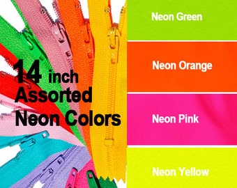 Wholesale YKK Zippers Assorted Colors- Neon -14 inch Number 3 Nylon Coil Closed Bottom- 12 Ykk zippers( 3 each color)