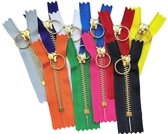 10pcs YKK #5 Brass with Notch Ring Pull (Non-Lock) Metal Zipper Closed-End for Small Handbag or Pouch - Choose Your Length and Color