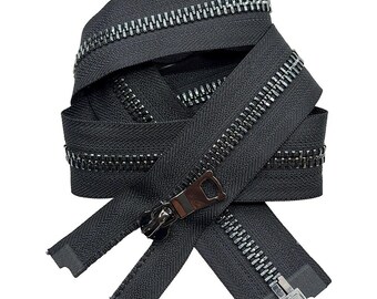 JN #10 Shiny Gunmetal with Fancy Long Pull Separating, Open-End Heavy Weight Jacket Zipper Tape Color Black JN#580 - Choose Length