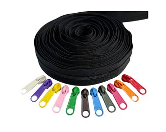 Continuous Zipper Chain YKK #3 Nylon Coil with Long Pull (Non lock) Sliders Kit for DIY Sewing 5 Yds 10 Colors Slider (W) Select Chain Color