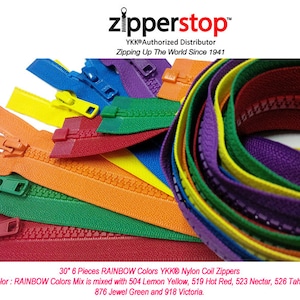 May include: A set of six 30-inch rainbow colored YKK nylon coil zippers. The colors are lemon yellow, hot red, nectar, tahiti, jewel green, and victoria.