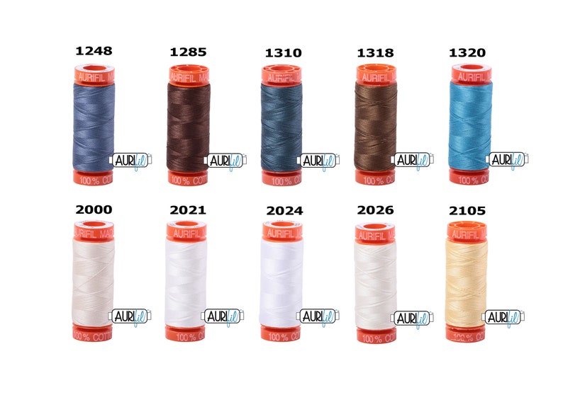 May include: Ten spools of Aurifil thread in various colours, including blue, brown, white, and beige. Each spool is labelled with the Aurifil logo and the thread number.