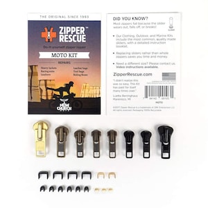 K&ouml;nnte beinhalten: Ein Zipper Rescue Moto Kit mit verschiedenen Rei&szlig;verschluss-Schiebern in Messing und Schwarz sowie Ersatzteilen. Das Kit enth&auml;lt eine Karte mit dem Text "Zipper Rescue" und "Do-it-yourself Rei&szlig;verschlussreparatur".