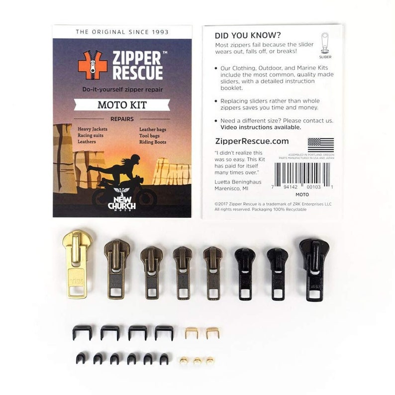 K&ouml;nnte beinhalten: Ein Zipper Rescue Moto Kit mit verschiedenen Rei&szlig;verschluss-Schiebern in Messing und Schwarz sowie Ersatzteilen. Das Kit enth&auml;lt eine Karte mit dem Text "Zipper Rescue" und "Do-it-yourself Rei&szlig;verschlussreparatur".