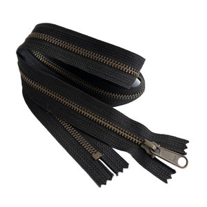 YKK # 5 Latón antiguo con tirón largo (sin bloqueo) Fancy Metal Custom Zipper Closed-End para artesanías o bolsos Hechos en USA Color Negro (1 cremallera)