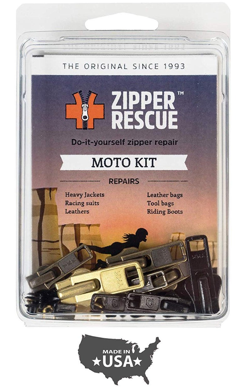 K&ouml;nnte beinhalten: Zipper Rescue Moto Kit zur Selbstreparatur von Rei&szlig;verschl&uuml;ssen. Das Paket enth&auml;lt verschiedene Rei&szlig;verschluss-Ersatzteile f&uuml;r schwere Jacken, Rennanz&uuml;ge, Ledertaschen und Reitstiefel. Hergestellt in den USA.
