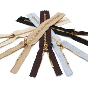 YKK 7", 9" or 11" #4.5 Brass Pants Zippers Assortment - Light Beige, Beige, Brown, Light Grey, Black (5 Zippers / Pack)