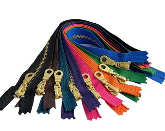 Sale 8pcs YKK#5 10" Golden Brass with Donut Pull Fancy Metal Zipper Closed-End for DIY Crafts or Handbag Made in USA - 8 Colors (W)