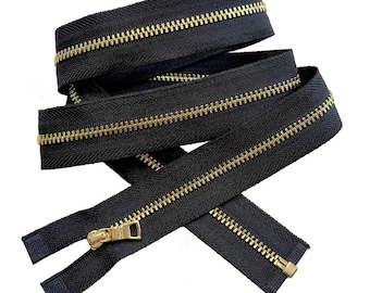 JN #3 Shiny Golden Brass Metal with Fancy Long Pull Separating, Open-End Light Weight Jacket Zipper Tape Color Black JN#580 - Choose Length
