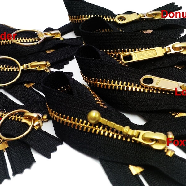 9" Exposed Zipper with Fancy Pull Slider - more colors zipper YKK metal Number 5 Brass Closed Bottom  (select slider and Color)