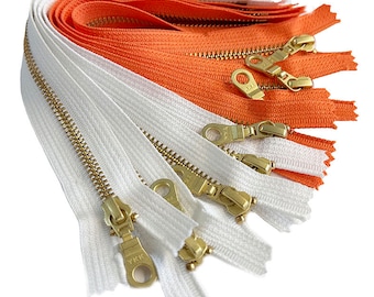 Sale 8pcs YKK#5 10" Golden Brass with Donut Pull Fancy Metal Zipper Closed-End for DIY Crafts or Handbag Made in USA - 4xWhite and 4xOrange