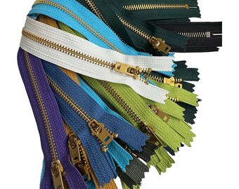 Venta de 24 cremalleras YKK#5 de latón para jeans de 11" con cierre semiautomático (de presión), tirador de metal de extremo cerrado - Surtido de 8 colores (W)