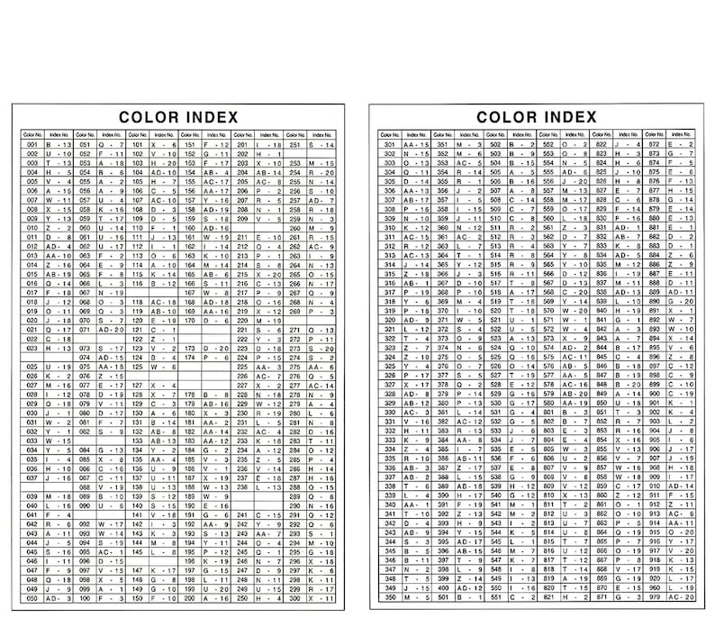 May include: A color index chart with two columns of color swatches and corresponding numbers. The chart is divided into two sections, each labeled "Color Index".