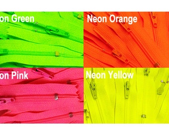 Neon Ykk Zippers-WHOLESALE  - NEON Colors # 3 Nylon Coil Closed Bottom - Select Your own Length and Color (each color has ten zippers)