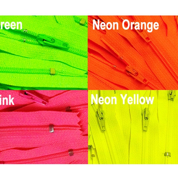 Neon Ykk Zippers-WHOLESALE  - NEON Colors # 3 Nylon Coil Closed Bottom - Select Your own Length and Color (each color has ten zippers)