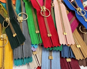 25pcs YKK#5 7" Brass with Notch Ring Pull (Non-Lock) Fancy Metal Zipper Closed-End for DIY Craft Handbag Made in USA Assorted 25 Colors