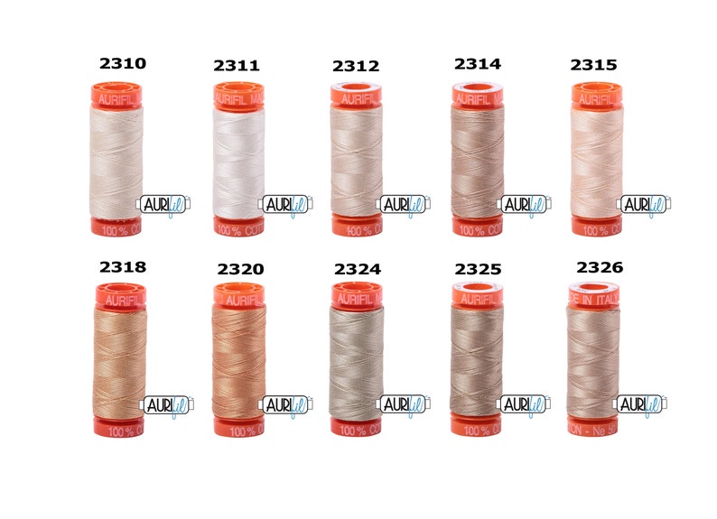 May include: A set of ten spools of Aurifil thread in various shades of beige, cream, and light brown. The spools are labelled with the Aurifil logo and the thread number.