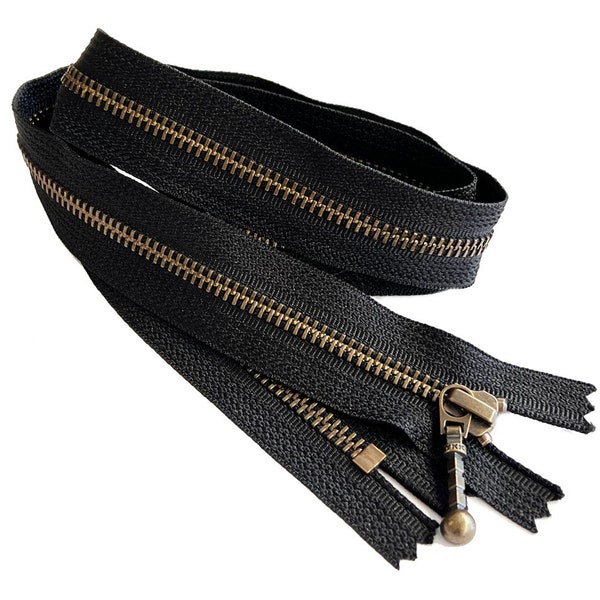 YKK#5 Antique Brass with Foxtail Pull (Auto-Lock) Fancy Metal Custom Zipper Closed-End for DIY or Handbags Made in USA Color Black 4" - 36"