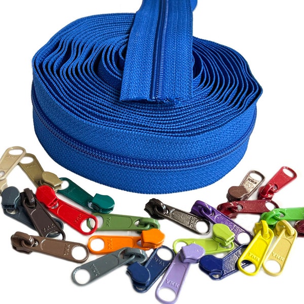 Continuous Zipper Chain YKK #4.5 Nylon Coil Zippers by The Yard Colorful with Multicolored Long Pull Sliders Kit for DIY Sewing 10 or 25 Yds