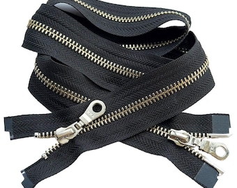 YKK #5 Nickel Metal Two-Way Doughnut Drop Pulls Separating, Open-End Zipper for Jackets or Coats - Color Black - Choose Length 4" to 36"