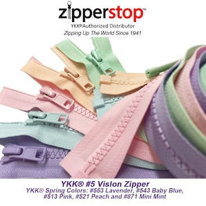 May include: Assortment of YKK #5 Vislon zippers in various pastel colors, including lavender, baby blue, pink, peach, and mini mint.  YKK® Authorized Distributor. Zipping Up The World Since 1941.