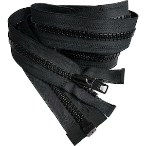 May include: Black zipper with a black plastic slider and pull tab. The zipper is coiled and ready to be sewn into a garment.