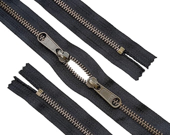 YKK #5 Antique Brass with Head-To-Head Long Pull (Non-Lock Sliders) Both Ends Closed Zipper (1 Piece) Color Black #580W - Choose Your Length