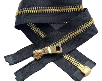JN #10 Shiny Golden Brass Metal with Fancy Long Pull Separating, Open-End Heavy Weight Jacket Zipper Tape Color Black JN#580 - Choose Length