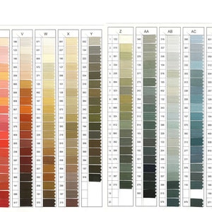 May include: A color chart with rows of small thread samples in various shades of red, orange, yellow, brown, green, blue, and gray. The chart is labeled with letters and numbers.
