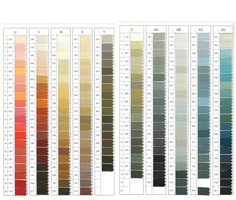 May include: A color chart with rows of small thread samples in various shades of red, orange, yellow, brown, green, blue, and gray. The chart is labeled with letters and numbers.