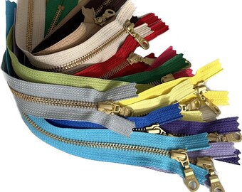 Sale 15pcs YKK#5 11" Brass with Donut Pull Fancy Metal Zipper Closed-End for DIY Crafts or Handbag Made in USA - (15 Colors)