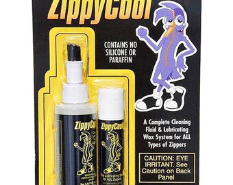 May include: ZippyCool brand zipper lubricant and wax stick. The packaging features a cartoon zipper character and the text "Contains no silicone or paraffin". The product is a complete cleaning and lubricating system for all types of zippers. The packaging also includes a warning that the product is an eye irritant.