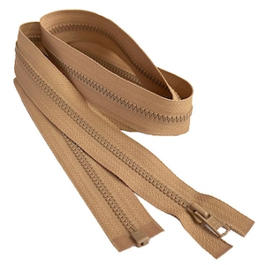 May include: A beige zipper with a metal slider. The zipper is open and the two sides are separated.