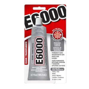 May include: A tube of E6000 industrial strength adhesive, clear and transparent, with a red and white label. The tube contains 3.7 fl oz (109.4 mL) of adhesive and is suitable for fabric, metal, wood, and ceramic.