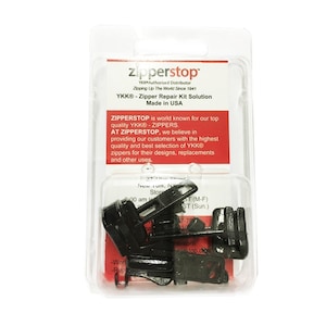 May include: A package of black YKK zipper repair kit solution from Zipperstop. The package includes five black zipper sliders. The package is labeled with the text "Zipperstop", "YKK Authorized Distributor", "Zipping Up The World Since 1941", "YKK® - Zipper Repair Kit Solution", "Made in USA", "ZIPPERSTOP is world known for our top quality YKK® - ZIPPERS. AT ZIPPERSTOP, we believe in providing our customers with the highest quality and best selection of YKK® zippers for their designs, replacements and other uses."