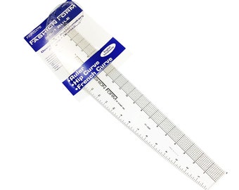 May include: A white plastic ruler with a hip curve and French curve. The ruler has markings in inches and centimeters. The ruler is labeled "Fashion Form" and "Ruler, Hip Curve, French Curve".