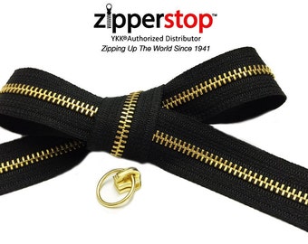 YKK #5 Brass Metal Zipper Chain 15 Yards Color Black avec votre choix de 12 tractions de YKK® #5 Brass Slider - Fabriqué aux États-Unis ~ ZipperStop