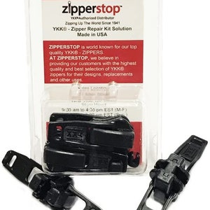 May include: Black YKK zipper repair kit with replacement parts. The package includes zipper pulls and sliders. The text on the package says "zipperstop" and "YKK Authorized Distributor".