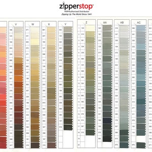 May include: A color chart of thread spools, organized by color and number. The chart includes a variety of colors, including red, orange, yellow, green, blue, purple, and brown. The chart is labeled with the letters U, V, W, X, Y, Z, AA, AB, AC, and AD.