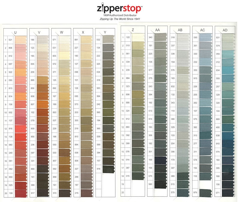 May include: A color chart of thread spools, organized by color and number. The chart includes a variety of colors, including red, orange, yellow, green, blue, purple, and brown. The chart is labeled with the letters U, V, W, X, Y, Z, AA, AB, AC, and AD.