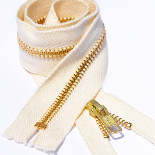4 Inch to 34 inch WHOLESALE YKK Metal Zippers 100% Dyeable YKK 5 Brass Closed Bottom  Cotton Tape Zipper - Natural (Select Length and Style)