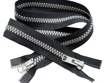 YKK #10 4" - 36" Molded Plastic Two-Way Separating, Open-End Heavy Duty Jacket Zipper with Pewter Grey Teeth Auto Pull Tape Color: Black