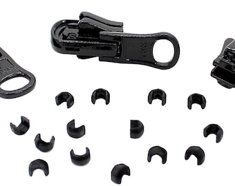 Zipper Repair Kit - #5 YKK Vislon Reversible Sliders - 3 Sliders + 14 Top Stops - Made in The United States - Color: Black