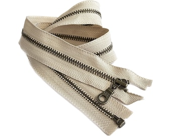 Cremallera separadora YKK n.° 3 de latón antiguo con tirador en forma de donut, beige natural