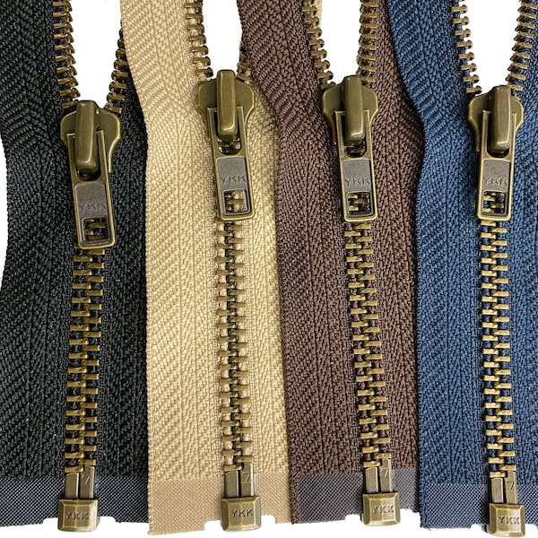 YKK #7 Antique Brass Separating Jacket Zipper Heavy Duty Metal Zippers for Sewing Coats Crafts 4"- 36" Color -Black, Beige, Brown, or Navy