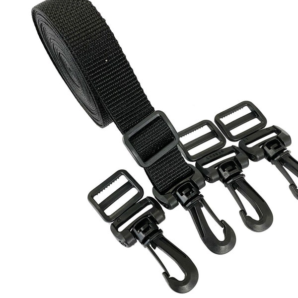 YKK Hardware Kit 1” - Plastic Lug Swivel Snap Hook 1", Tri‑Bar Adjustable Webbing 1", 5 Yds 1" Webbing Polypropylene Straps (Black)