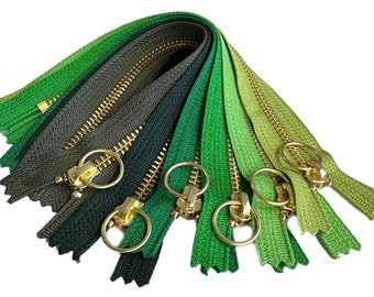 YKK #5 9" Brass with Notch Ring Pull (Non-Lock) Metal Zipper Closed End for Jacket Pocket, DIY Made in USA (Mixed 6 Green)