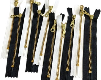 Crafter's Wholesale YKK Metal Teeth Zippers Brass with Donut Pull 4.5s Closed-End 3" - 14" for Handbag Pouch Made in USA - Color Black White